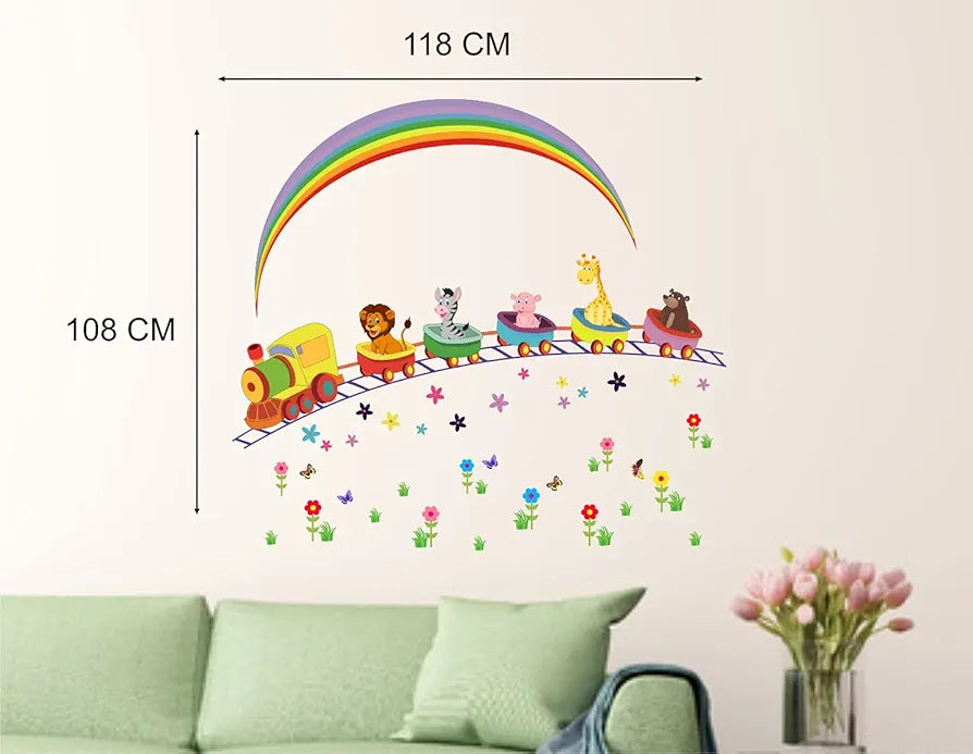 Heaven Decors Animals Cartoon Activity with Train Rainbow Flower Decorative Kids Room Sticker Multicolor