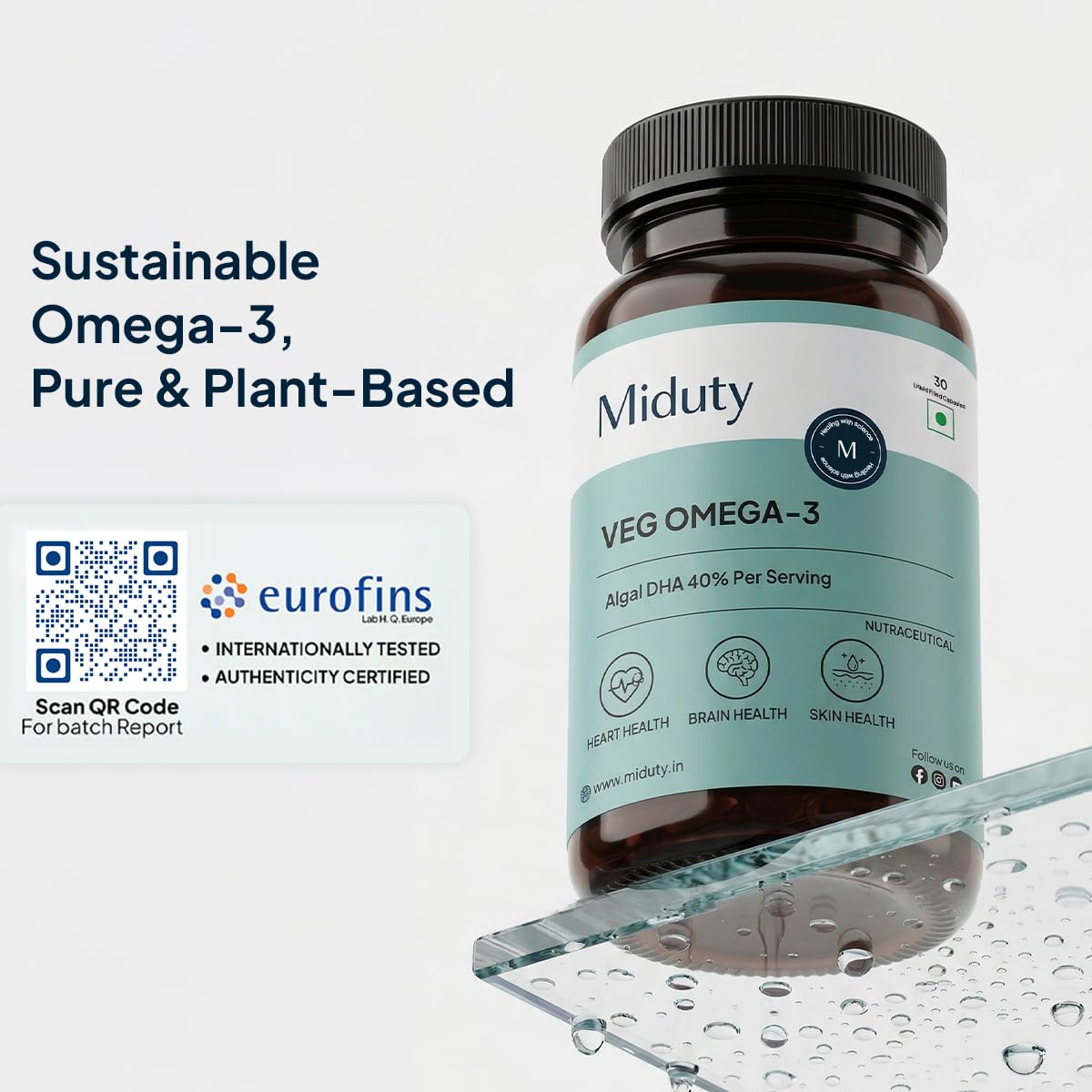 Miduty Veg Omega-3 500mg | 40% Algal DHA + EPA | High-Potency Plant-Based Omega-3 | No Fish Oil, No Fishy Burps | Veg Capsules for Men & Women - 30 Capsules