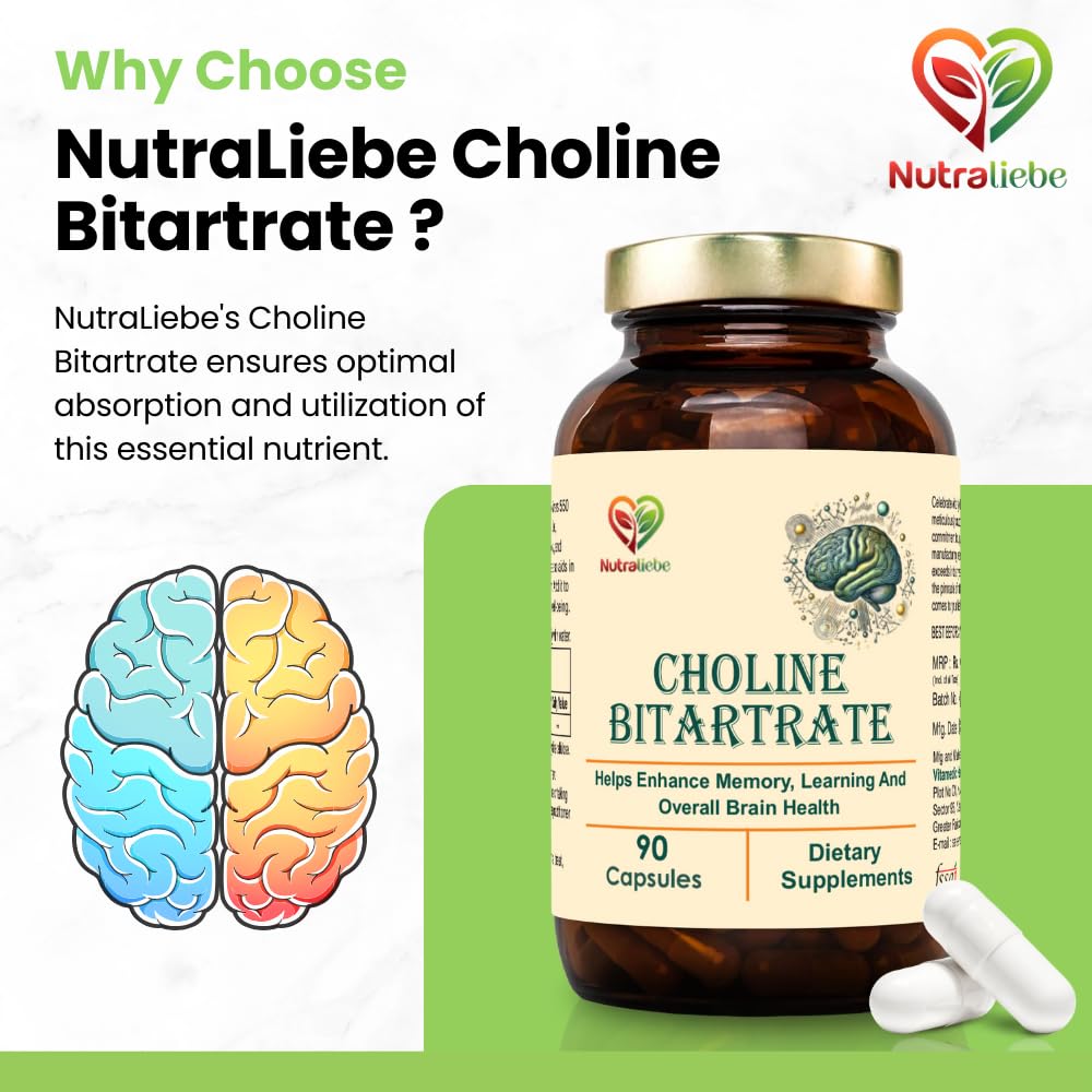 Nutraliebe Choline Bitartrate 550mg – 90 Capsules | Dietary Supplement for Daily Use | Non-GMO & Gluten-Free