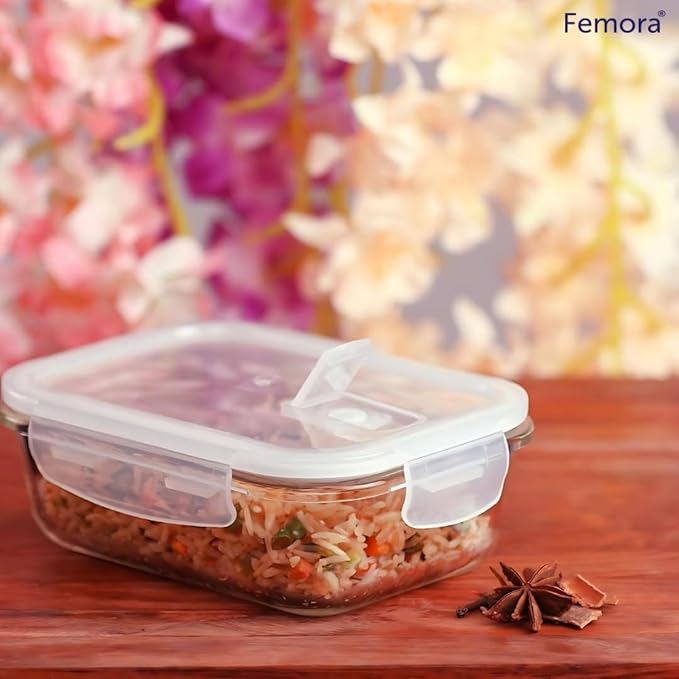 Femora Borosilicate Rectangular Glass Food Storage Container With Air Vent Lid | 620 Ml | Blue