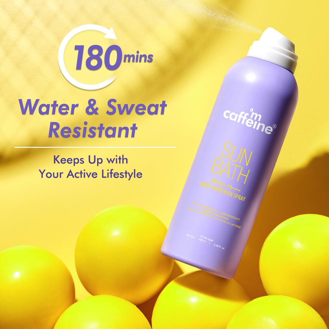 mCaffeine Sun Bath SPF 80+ PA ++++ Body Sunscreen Spray | High UV Protection | Invisible, Non-Greasy, 180 Mins Water/Sweat Resistant Cooling Spray| For All Skin Types | Blueberry Fragrance -100ml