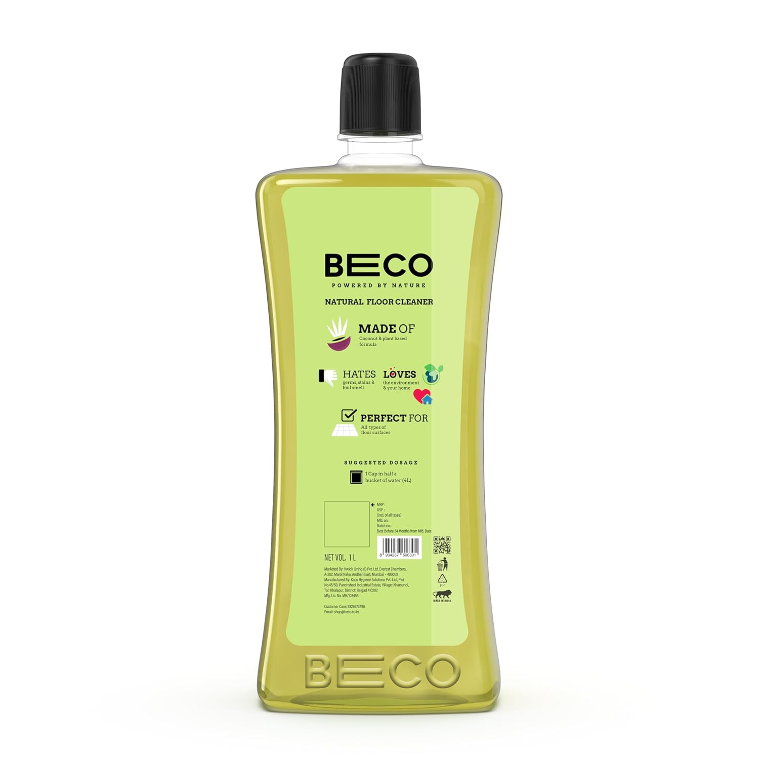 Beco Natural Disinfectant Surface & Floor Cleaning Liquid | 1L Bottle | Non Toxic Germ Kill Formula | Lemongrass & Basil Freshness | Safer Than Phenyl | Kids Safe & Pet Friendly Floor Cleaner Liquid