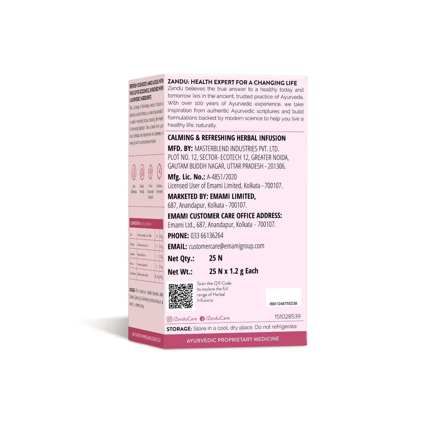Zandu Calming & Refreshing Herbal Infusion: 1st Ayurvedic Iced Herbal Tea With Taste & Health Benefits | Reduces Fatigue, Improves Skin Health & Promotes Digestion (25 Tea bags)