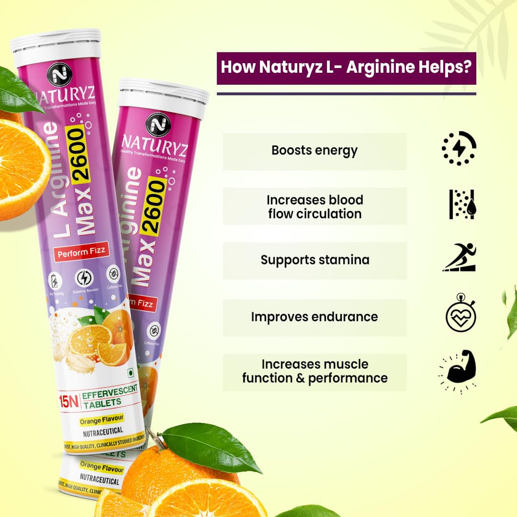 Naturyz L-Arginine Max 2600 Effervescent Tablets|Boosts Stamina|Increases Blood Flow|Improves Performance|Pre-workout Supplement (Orange Flavour), 1 count, 15 capsules
