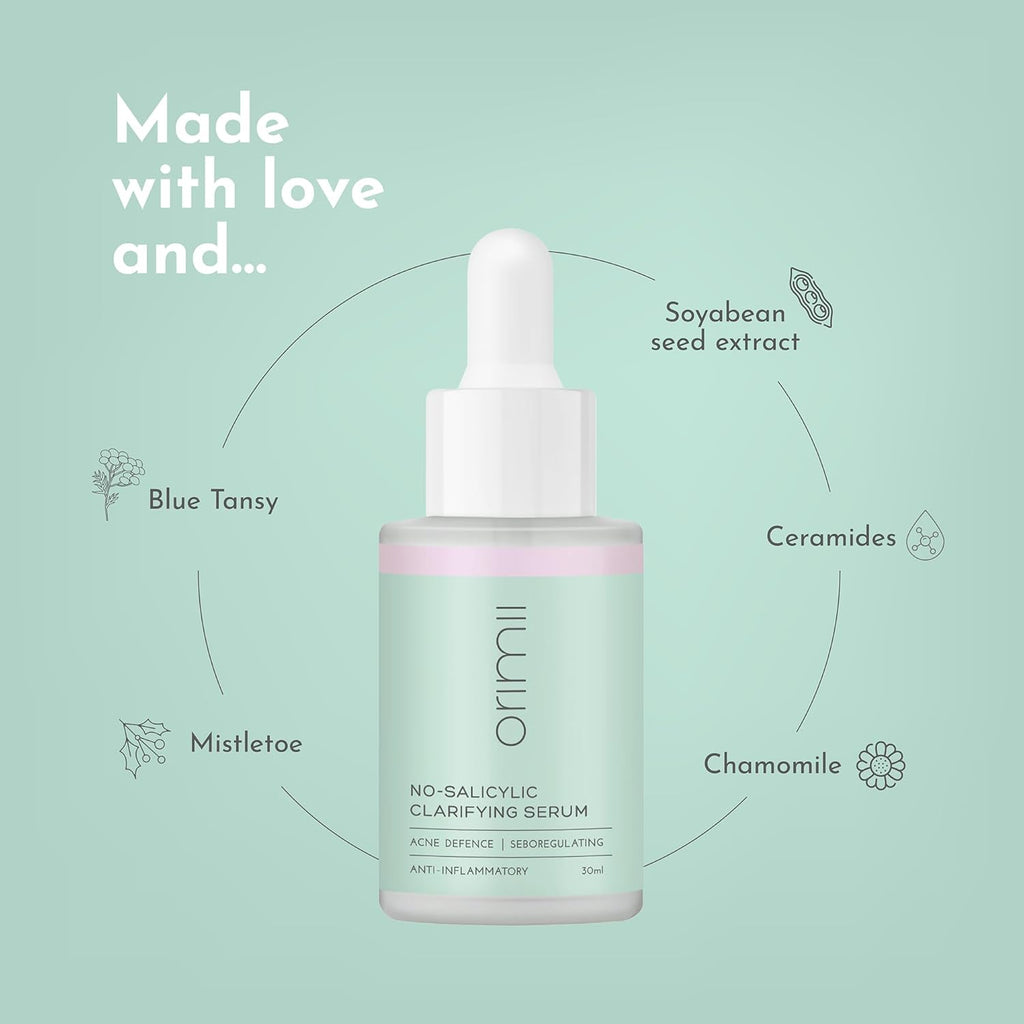 Orimii No Salicylic Face Serum For Acne Prone Skin | With Chamomile & Ceramides | Lightweight Anti Acne Clarifying Serum WITHOUT Salicylic Acid | Fragrance Free, Pregnancy Safe (30ml)