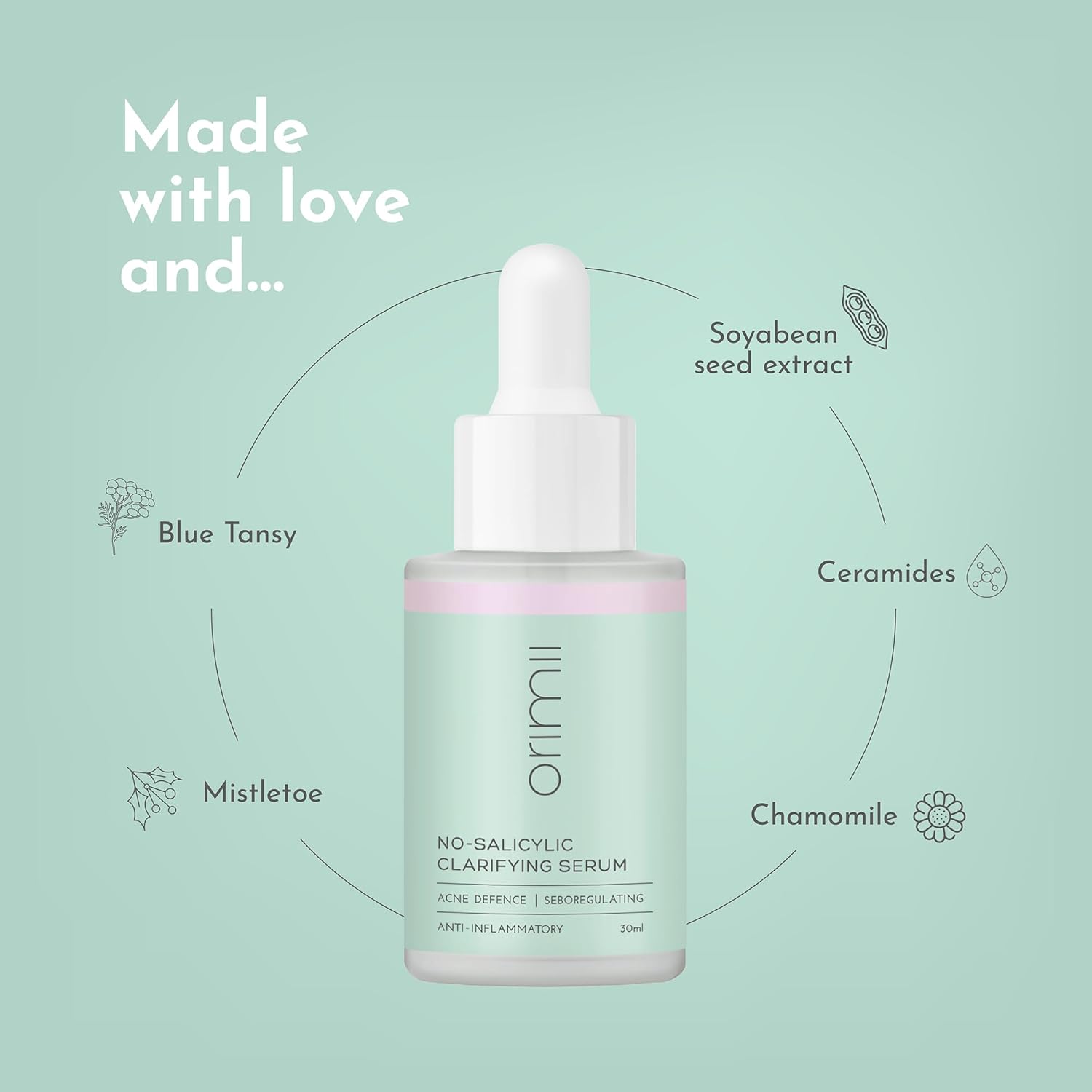 Orimii No Salicylic Face Serum For Acne Prone Skin | With Chamomile & Ceramides | Lightweight Anti Acne Clarifying Serum WITHOUT Salicylic Acid | Fragrance Free, Pregnancy Safe (30ml)