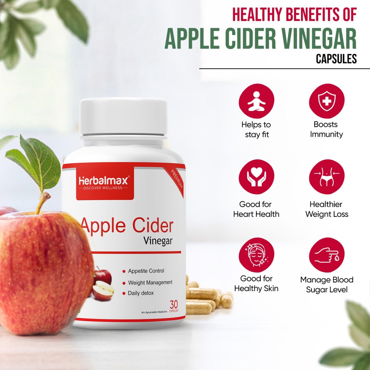 Herbal Max Organics Apple Cider Vinegar â€“ 30 Veg Capsules (800mg) | With The Mother | Natural Detox, Digestion, Weight Management & Gut Health Support