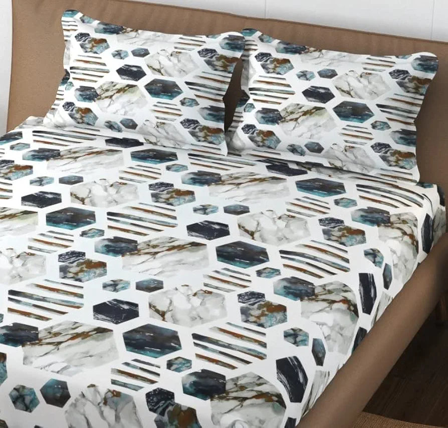 Trance Home Linen 250TC Premium 100% Cotton Printed Queen Size Fitted Bedsheet with 2 Pillow Covers Colour Astro Green