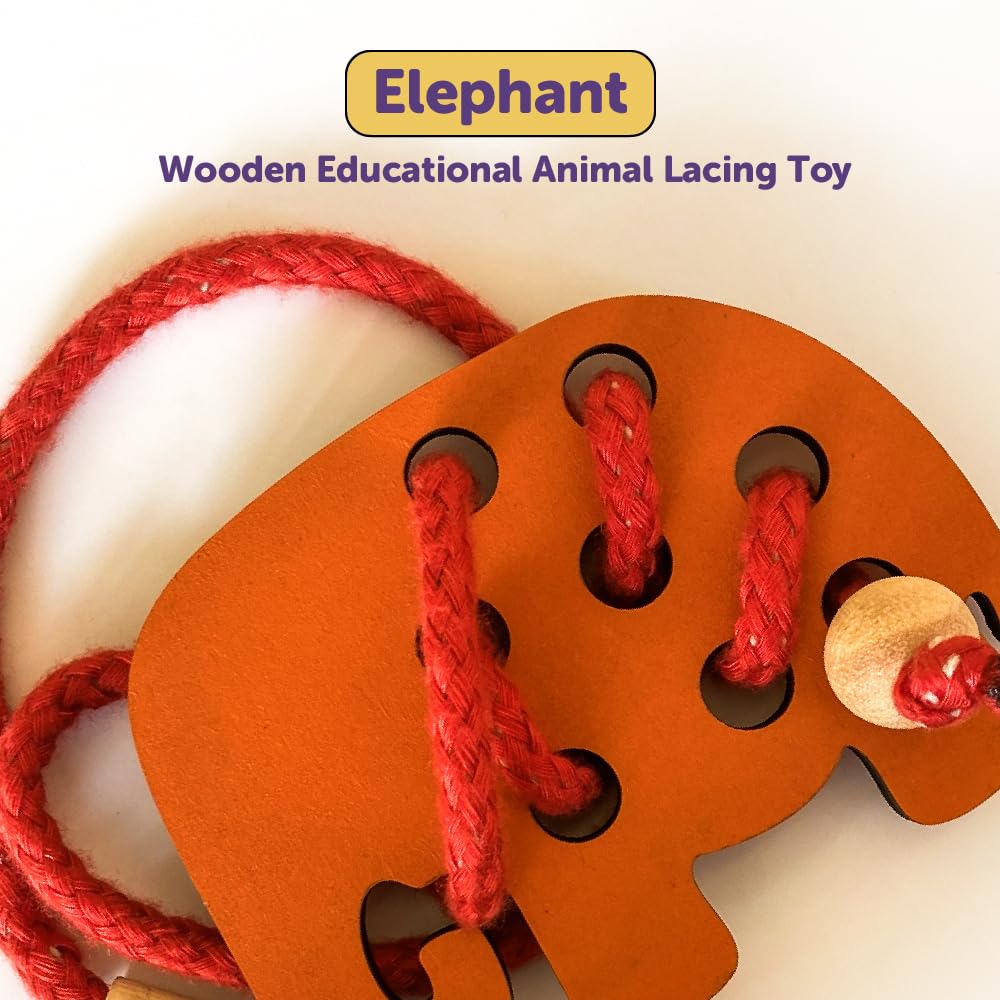 Mini Leaves Lacing Activity for Kids | Wooden Lacing Toys for Toddlers | Preschooler Educational Fine Motor Skill Toys | Elephant
