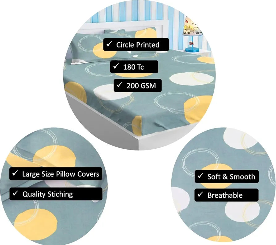 Homekart Premium Cotton Elastic Fitted Bedsheets with 2 King Size Pillow Covers Double Bed Cricle Printed Grey & White 200 tc - 220 tc