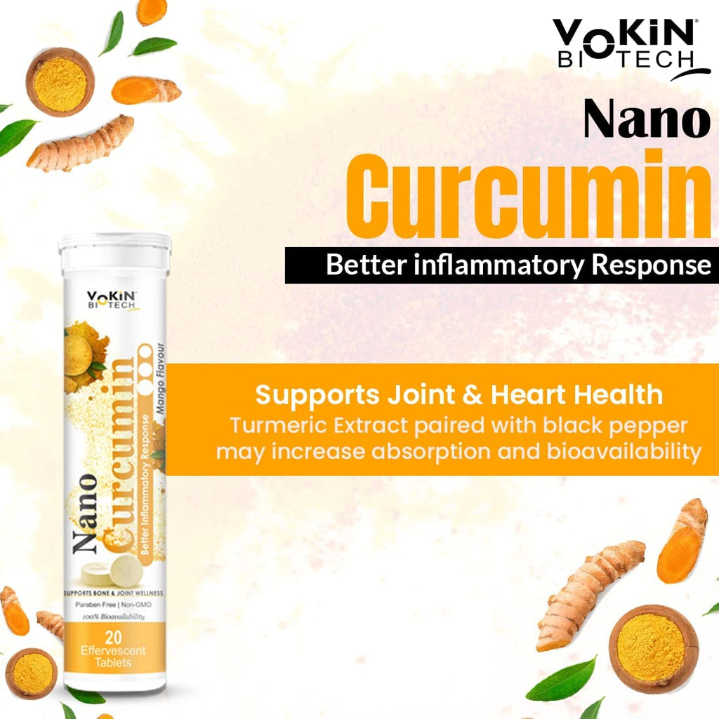Vokin Biotech India's First Nano Curcumin Support Bone and Joint wellness Mango Flavour 20 Effervescent Tablets