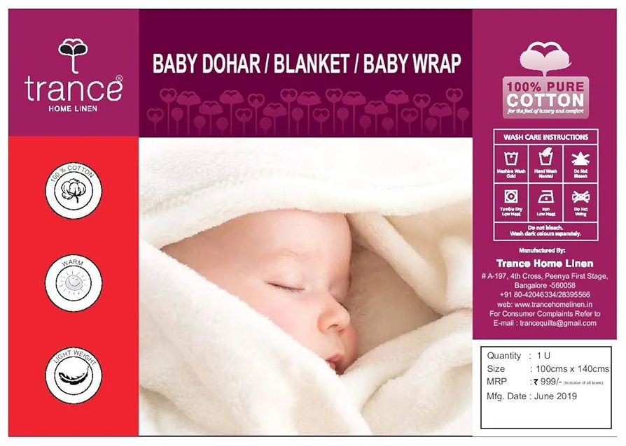 Trance Home Linen Pure Malmal Cotton Multipurpose Baby Dohar 3-Layered Baby Swaddle Blanket Colour Blue Black Triangles