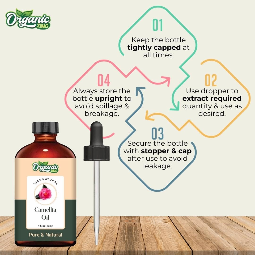Organic Zing Camellia Essential Oil for Skin, Face, Hair Care, Shampoo, Face Cleanser - 118 Ml