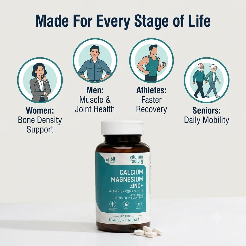 The Vitamin Factory Vitamin Factory Calcium Magnesium Zinc Tablets D3 K2 B12 | 60 Veg Tabs | 1000mg Calcium Citrate, gentle on stomach; bone, joint & muscle support for women & men; vegetarian, D3 K2 B12