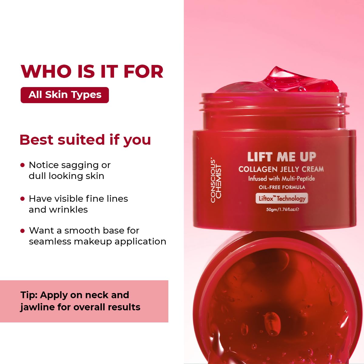Conscious ChemistÂ® Collagen Jelly Face Cream 50g | Niacinamide & Hydrolyzed Collagen | Powered by 6 peptides & Liftoxâ„¢ technology | Sagging, Fine lines & Dullness | Anti-Aging Moisturizer | All Skin Types