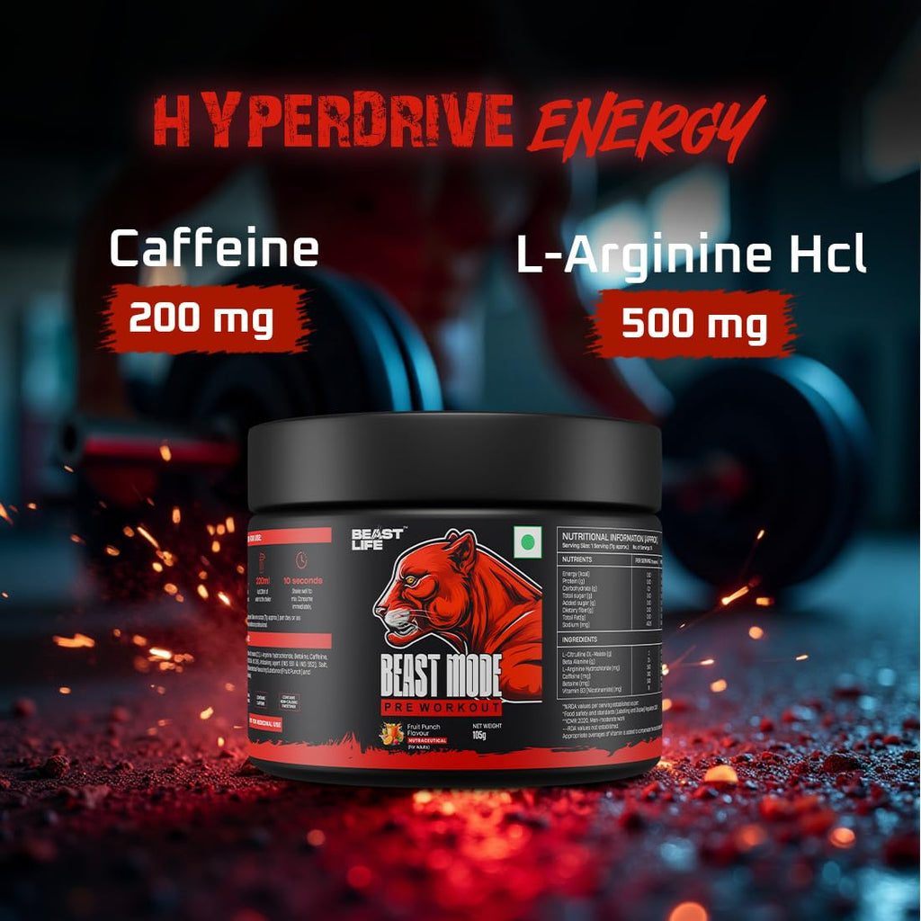 Beastlife Pre-Workout | 105 gm | Fruit Punch Flavor | Boosts Pump & Energy | Speeds Up Recovery | 2000 mg Citrulline | 2500 mg Beta-Alanine | 200 mg Caffeine | 500 mg Betaine