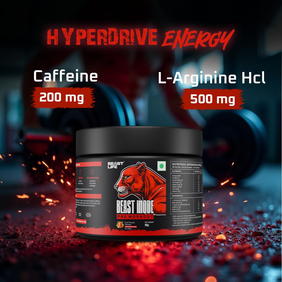 Beastlife Pre-Workout | 105 gm | Fruit Punch Flavor | Boosts Pump & Energy | Speeds Up Recovery | 2000 mg Citrulline | 2500 mg Beta-Alanine | 200 mg Caffeine | 500 mg Betaine
