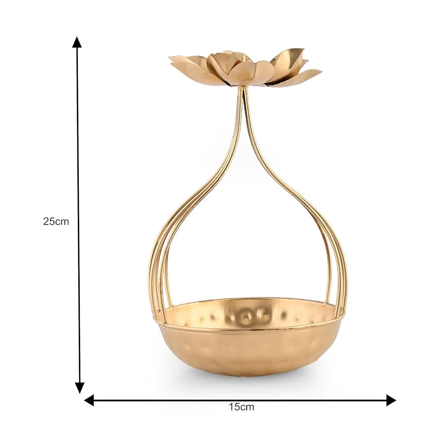 Metal Lotus Tealight Candle Holder with Base of Urli Bowl Gold