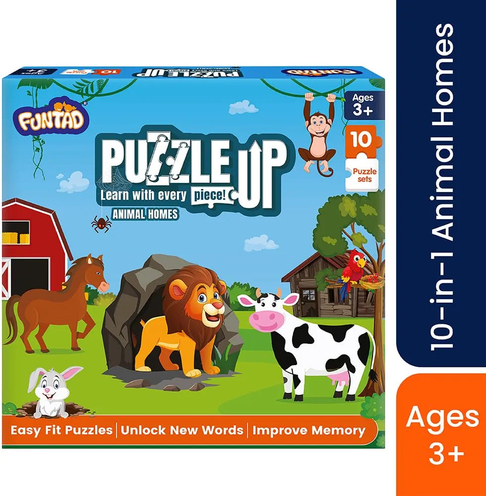 Funtad Kids Puzzleup Learn Animal Homes,10-In-1 Entry Level Puzzle 45 Big Size Jigsaw Pieces Montessori Educational Toy For Boys & Girls Age 3,4 & 5 Yrs