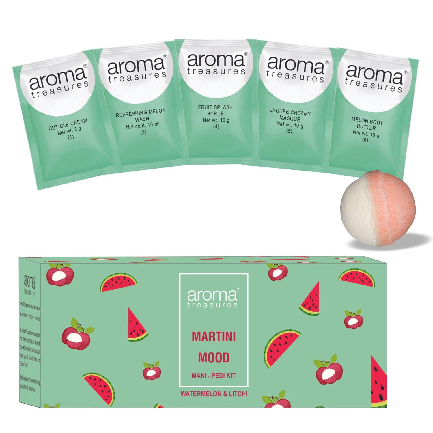 Aroma Treasures Martini Mood Mani-Pedi Kit | Watermelon & Litchi | Hydrating Spa Kit for Soft, Supple Hands & Feet | 6-Step Manicure Pedicure Kit with Bath Fizz, Scrub, Body Butter & Masque
