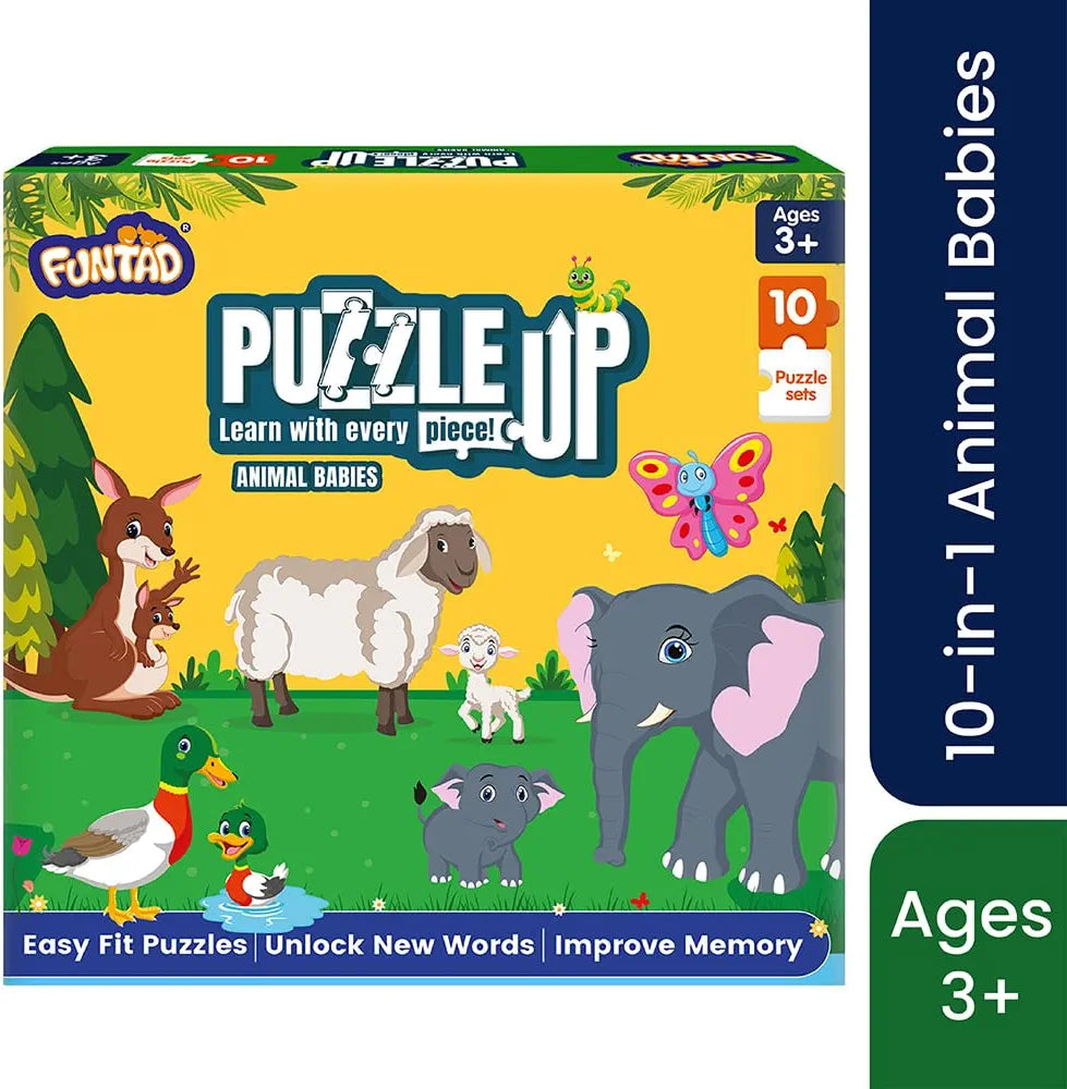 Funtad Puzzle Up Learn Animal Babies 10-in-1 Entry Level Puzzle 45 Big Size Jigsaw Pieces Montessori Educational Toy for Boys & Girls Age 3, 4 & 5 yrs