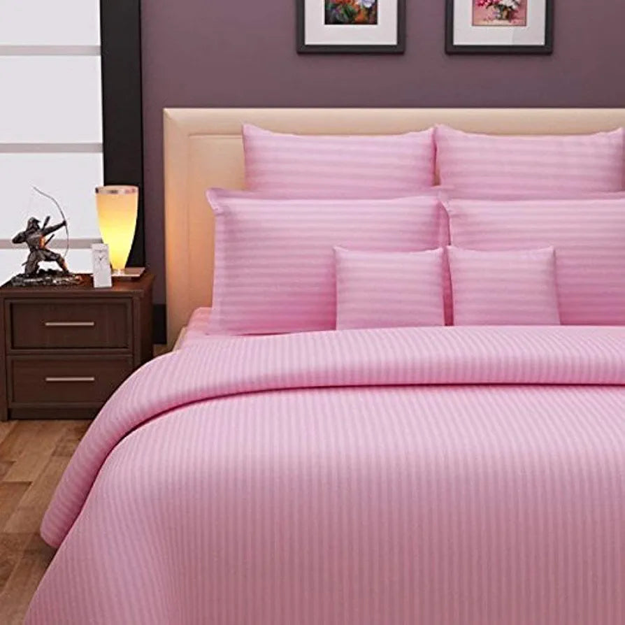 Purav Light Microfiber Flat Double Bed Bedsheet Plain Striped Cotton Bedsheet with 2 Pillow Covers for King Size Bed Supersoft 340 TC Breathable Wrinklefree Pink Color