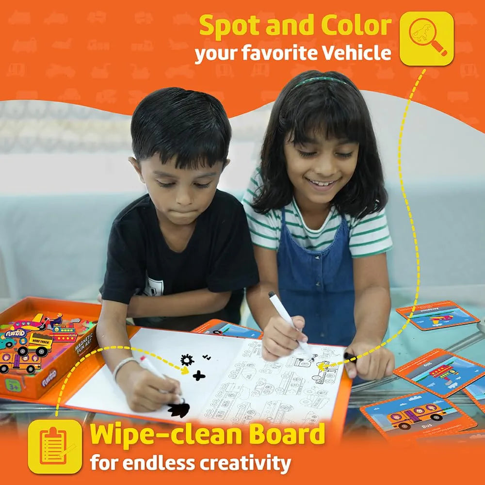 Funtad Magnetic Fun Art Puzzle Vehicles 4-in-1 Travel Friendly Educational Toy with Writable Board 50 Magnetic Pieces with for Boys & Girls Age 3,4,5 & 6 yrs