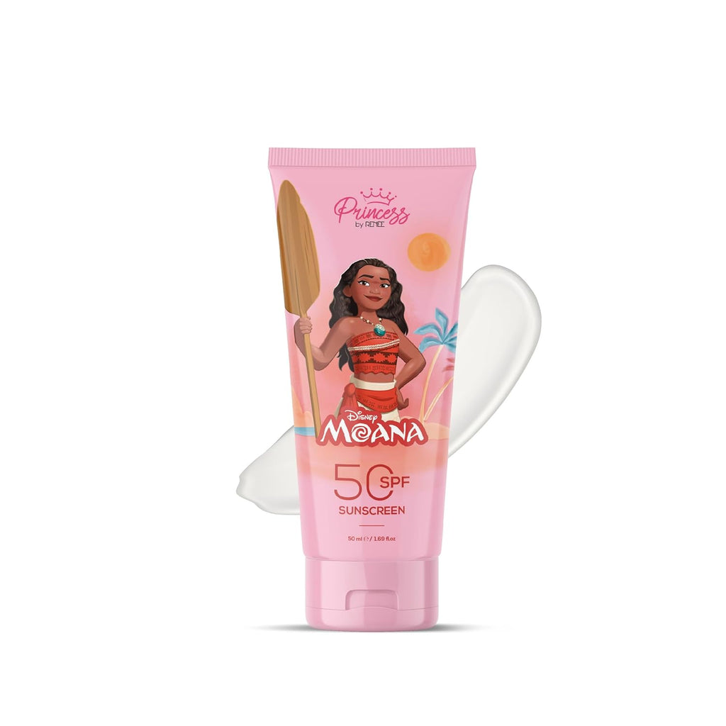 Princess by RENEE Disney Moana Sunscreen with SPF 50, Protects & Nourishes, Zero White Cast, Lightweight & Non-Greasy, Quick-absorbing Formula, Vitamin E, Cocoa Butter, Provitamin B5 Infused, 50 Ml