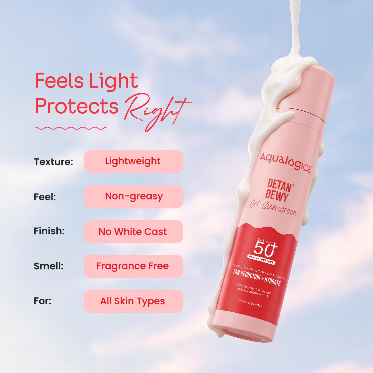 Aqualogica Detan+ Dewy Gel Sunscreen SPF 50+ PA++++ with 2% Kojic-Hyaluron Complex & Wild Berries, 50g | Broad Spectrum UVA/UVB & Blue Light Protection | No White Cast | Fragrance-Free | Lightweight | Hydrating | For Men & Women