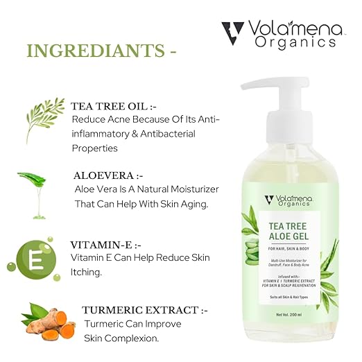 Volamena Organics Tea tree Aloe Vera Gel For face and body With Vitamin E - 200 ml
