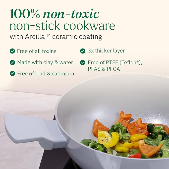 Ember Cookware Arcilla Ceramic Non Stick Kadai 24cm | Glass Lid | Matching Handles | Florence Series | Green
