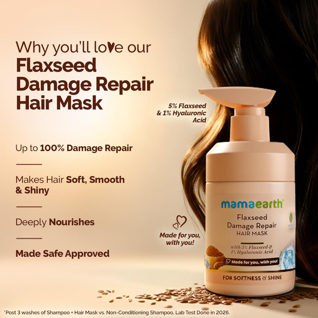 Mamaearth Flaxseed Damage Repair Hair Mask with 5% Flaxseed, 1% Hyaluronic Acid, Ceramides for Soft, Smooth, Shiny Hair - 300 ml | 100% Damage Repair | For Dry & Frizzy Hair | Sulphate & Paraben Free