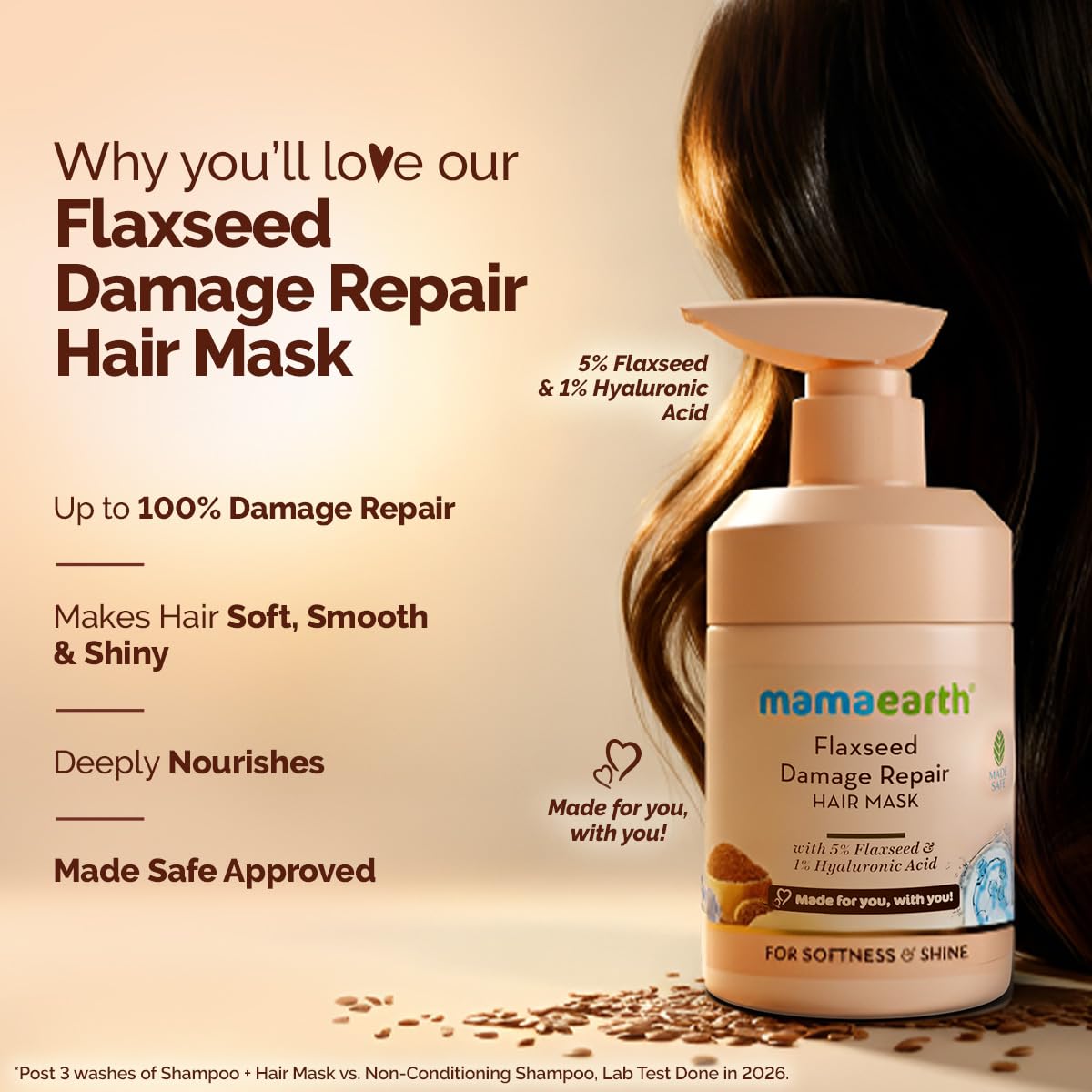 Mamaearth Flaxseed Damage Repair Hair Mask with 5% Flaxseed, 1% Hyaluronic Acid, Ceramides for Soft, Smooth, Shiny Hair - 300 ml | 100% Damage Repair | For Dry & Frizzy Hair | Sulphate & Paraben Free