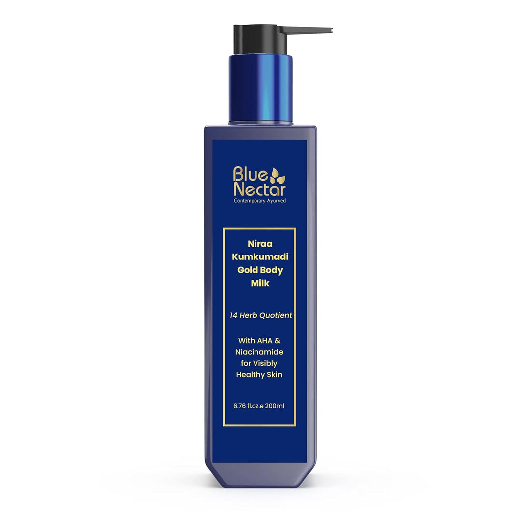 Blue Nectar Gold Body Milk for Women & Men | Body Lotion with Plant Based AHA & Niacinamide | Moisturizer for Body | All Skin Types (14 Herbs, 200ml)