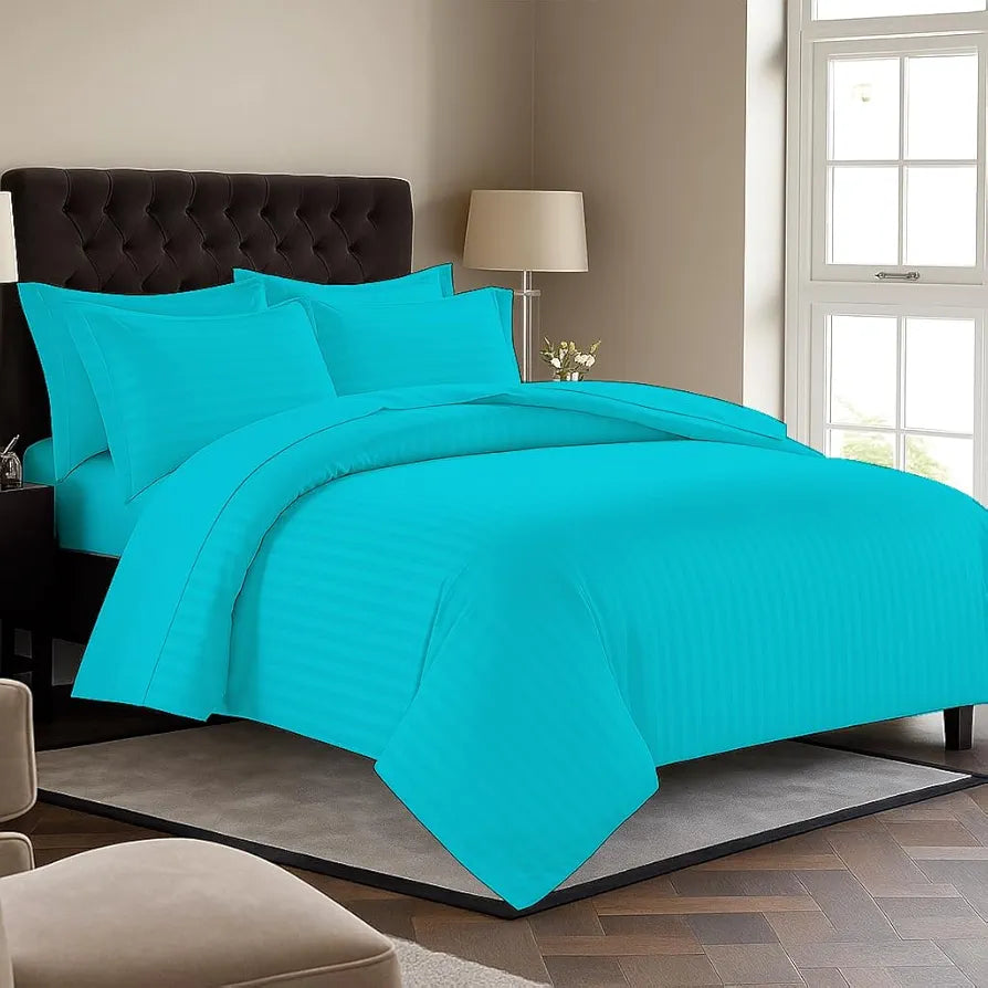 Trance Home Linen Zippered 100% Cotton 200TC Satin Stripe King Size Duvet Cover Quilt Cover Blanket Cover Razai Comforter Cover with 2 Pillow Covers Colour Aqua Turquoise Blue