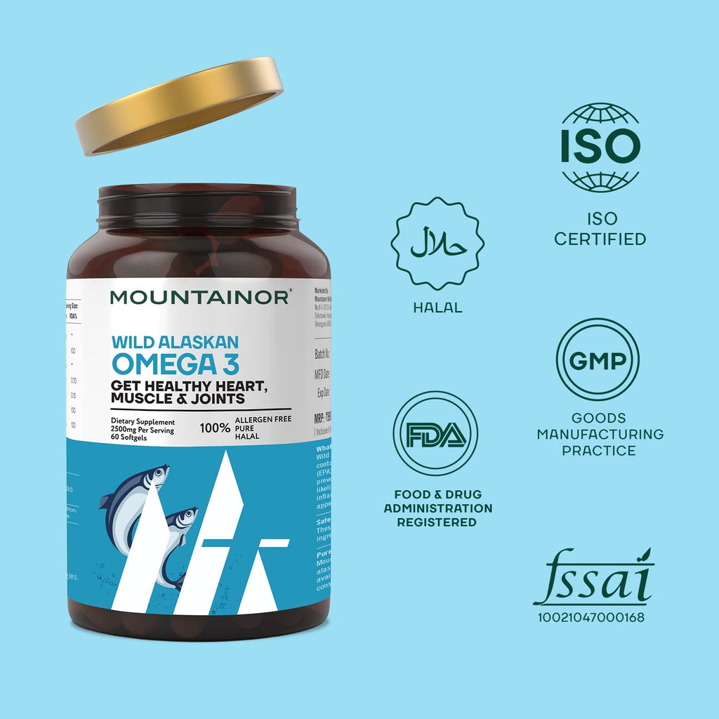 MOUNTAINOR Omega 3 Fish Oil 2500MG Triple Strength Contains - 1100mg EPA & 700mg DHA Per Serving Purified & Mercury Free with No Fishy Burps for Heart, Brain & Joint Health (60 Softgels)