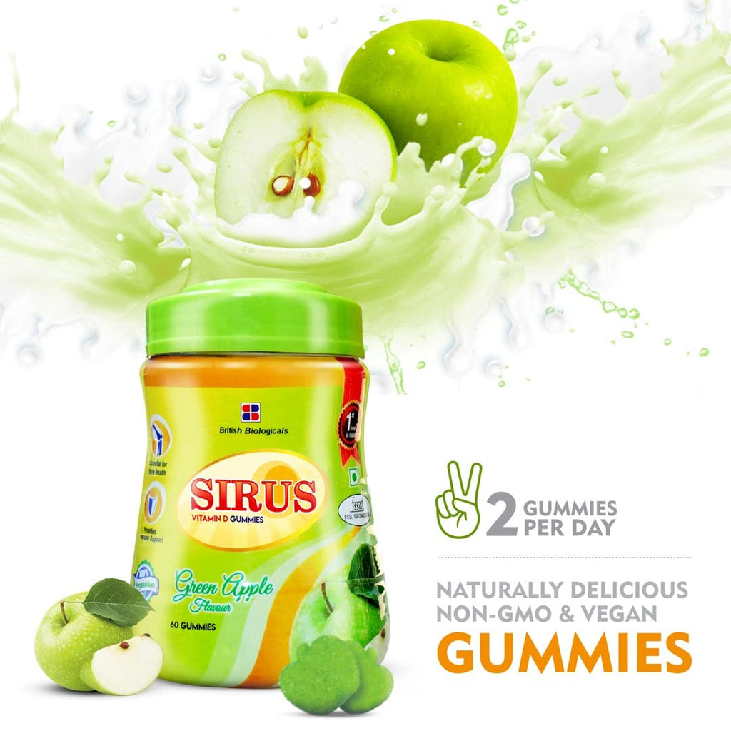 British Biologicals Sirus Vitamin D Gummies|Vitamin D Gummies for Men & Women|Gluten-Free|Supports Bone,Teeth & Muscle Health|Non-GMO|Maintains Calcium Levels|Green Apple Flavour|60 Count