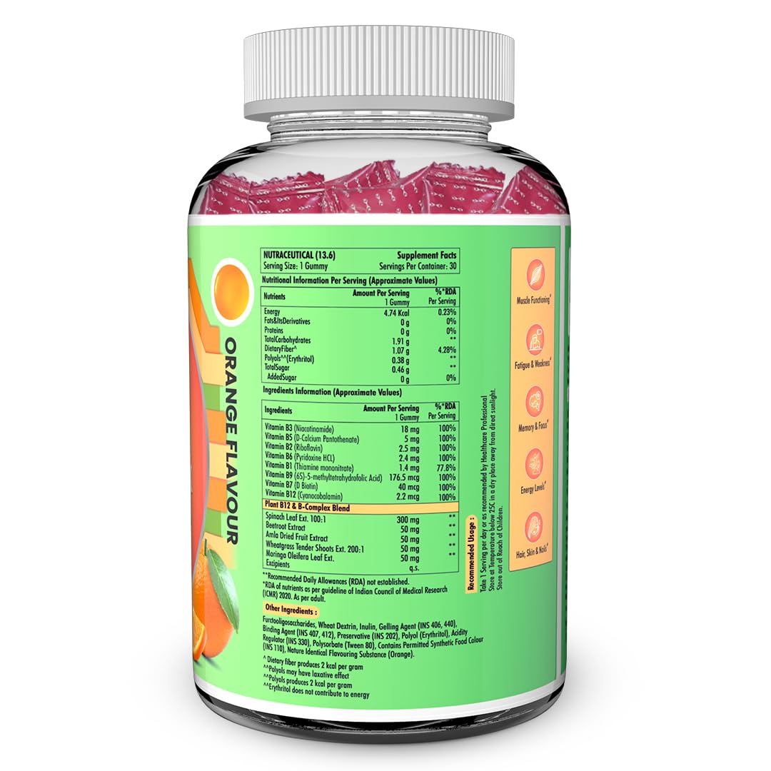NATURYZ Plant-Based Vitamin B12 + B-Complex Gummies for Vegetarians | Energy, Mood & Metabolism Support | With Spinach, Moringa & Beetroot | No Gelatin, No Added Sugar | 30 Orange Gummies