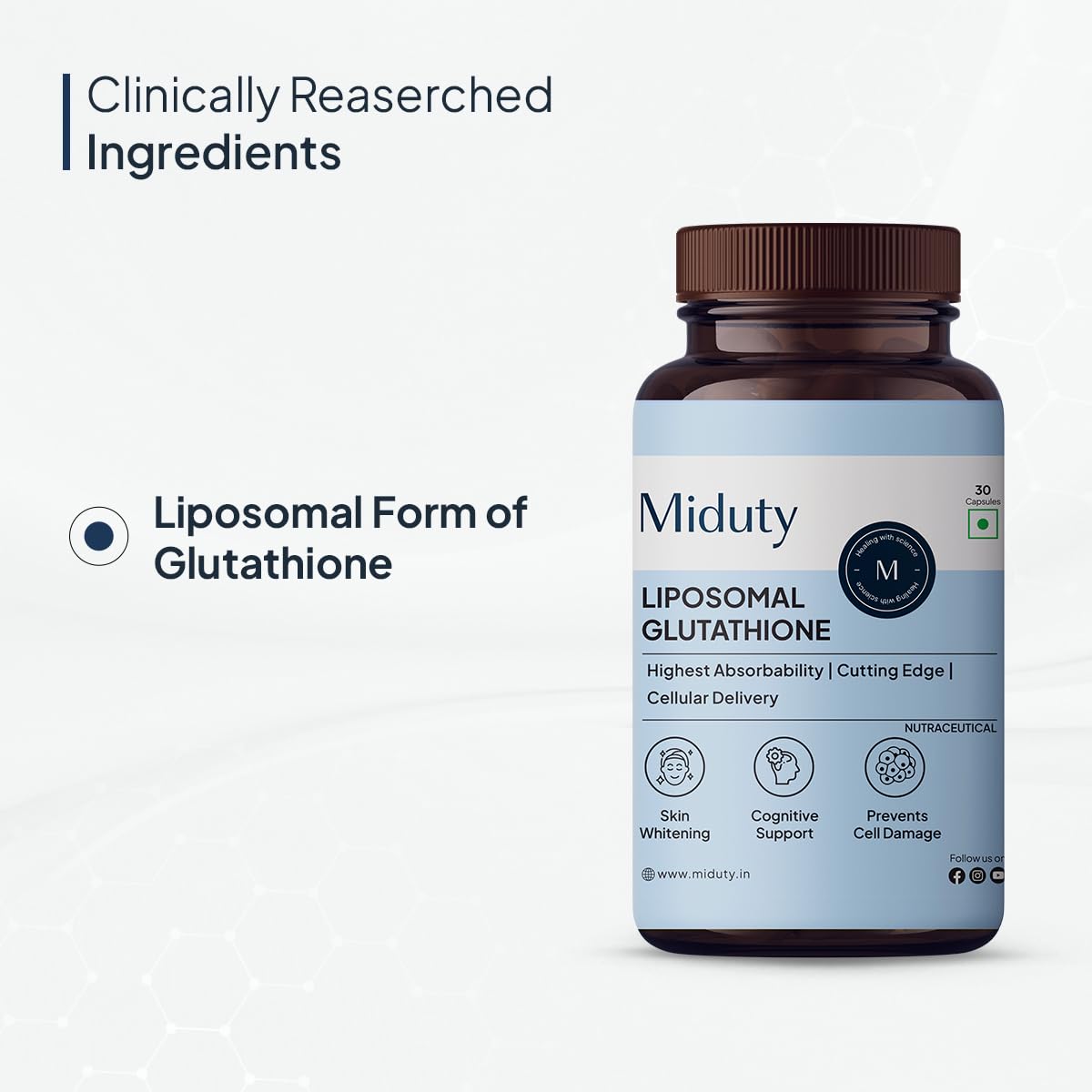 Miduty by Palak Notes Liposomal Glutathione - Highest Bioavailability - Glutathione for skin - Face glow - Skin Hydration - Liver Health -Detoxification Support - 30 Caps