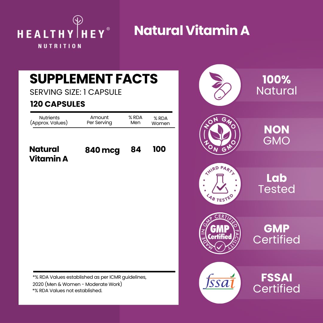 HealthyHey Nutrition Natural Vitamin A from Beta Carotene | Non-Synthetic | Non-GMO | -120 Veg Capsules