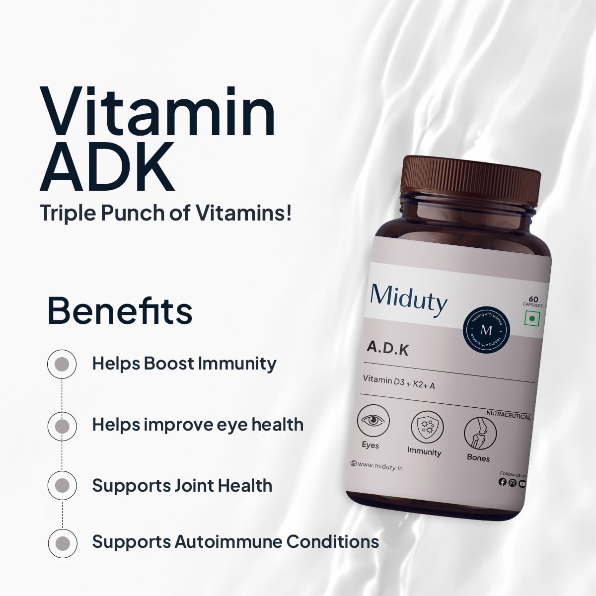 Miduty by Palak Notes Vitamin ADK, Vitamin D3 and K2 Supplements, Cholecalciferol Vitamin D3, Boost Immunity, Stronger Bones, Vitamin ADK Supplement, Immunity Booster Capsule - 60 Capsules