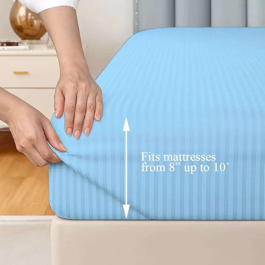 Trance Home Linen 100% Cotton 78x60 inch Queen Fitted 200TC Satin Stripe Elastic Fitted Bedsheet with 2 Pillow Covers Colour Sky Blue