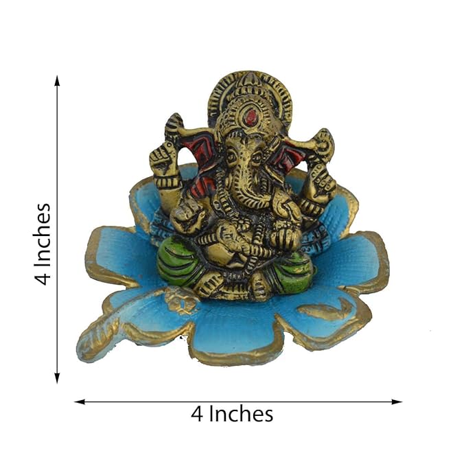 Ecraftindia Metal Lord Ganesha Statue on Sky Blue Leaf