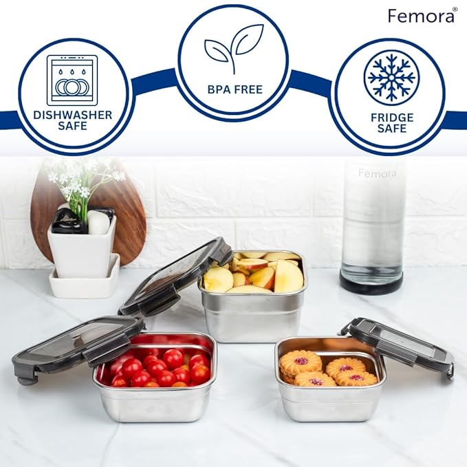 Femora High Steel Square Container Airtight Leakproof Unbreakable Storage Container/ Lunch Box | 550 Ml | Set of 3