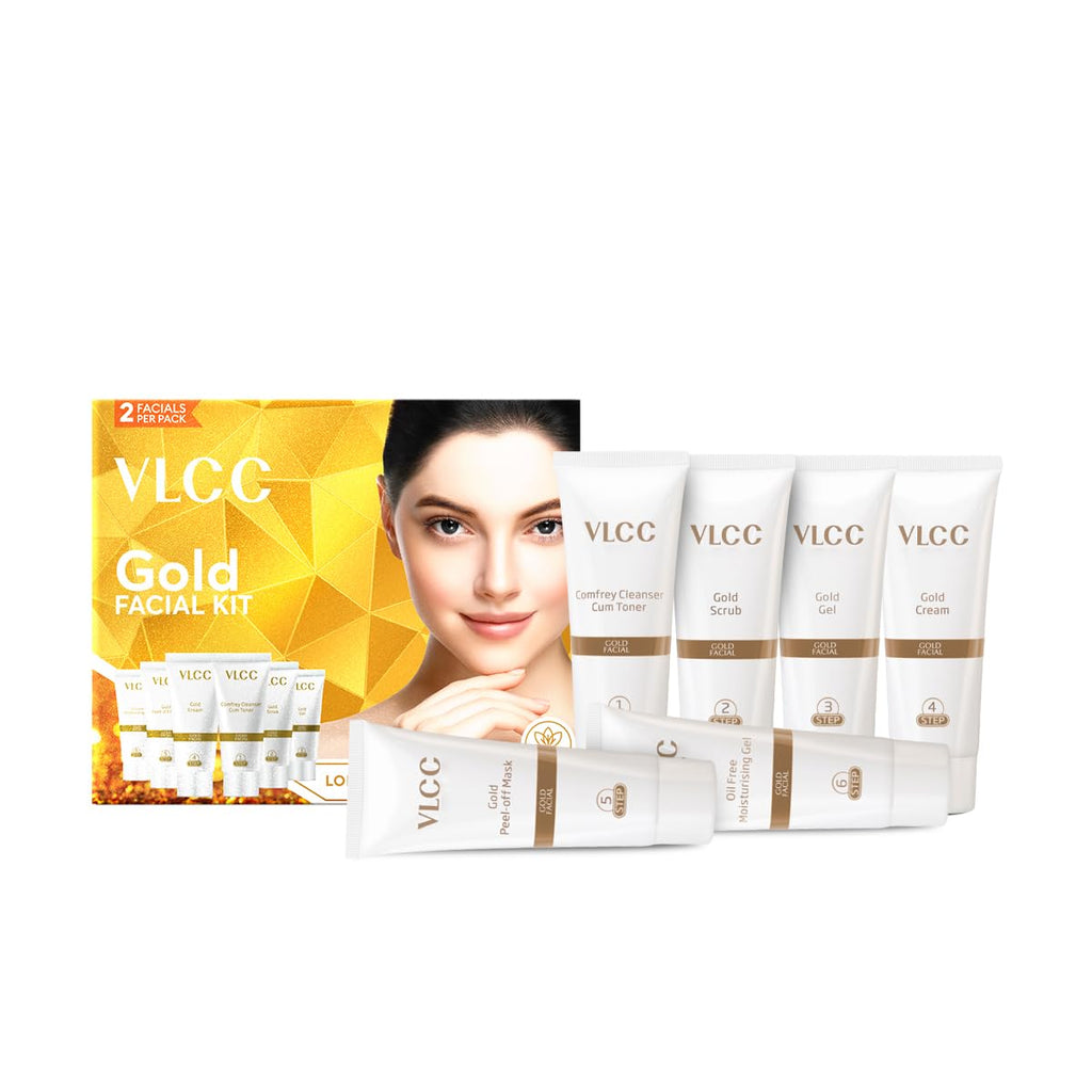 VLCC Gold Facial Kit, Bright & Glowing Skin - 60g | Pamper your Skin for a Luminous Glow | Parlour Glow with 24K Gold Bhasma, Rose Extracts, Turmeric & Aloe Vera.