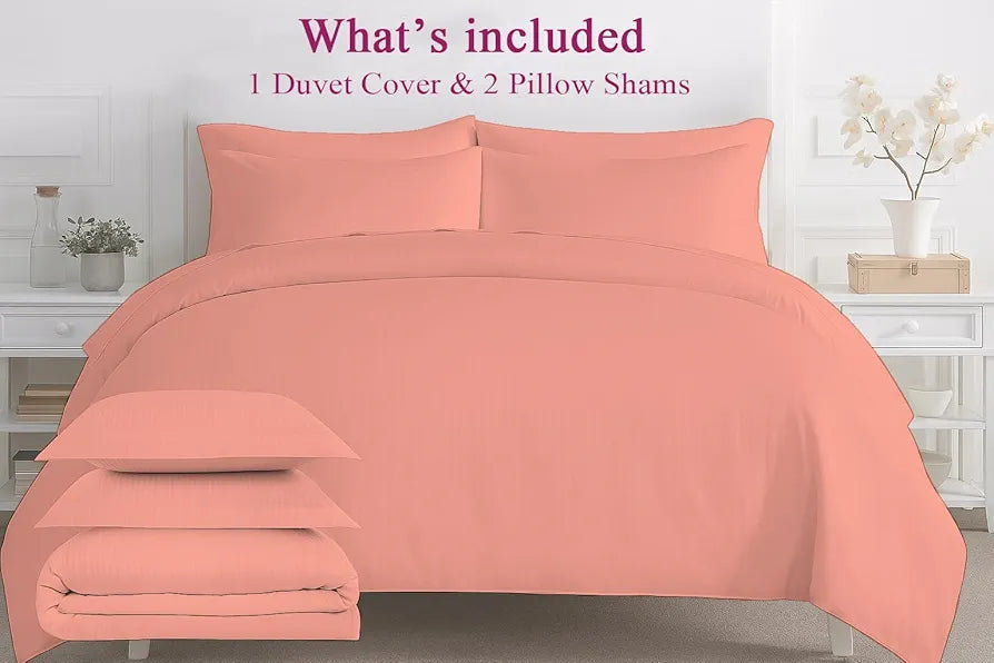 Trance Home Linen Zippered 100% Cotton 200TC Satin Stripe King Size Duvet Cover Quilt Cover Blanket Cover Razai Comforter Cover with 2 Pillow Covers Colour Peach