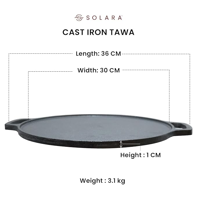 Solara Cast Iron Tawa for Dosa 12" Inch | 30 Cm | Gas & Induction Friendly, Dosa Pan Cast Iron, Cast Iron Cookware