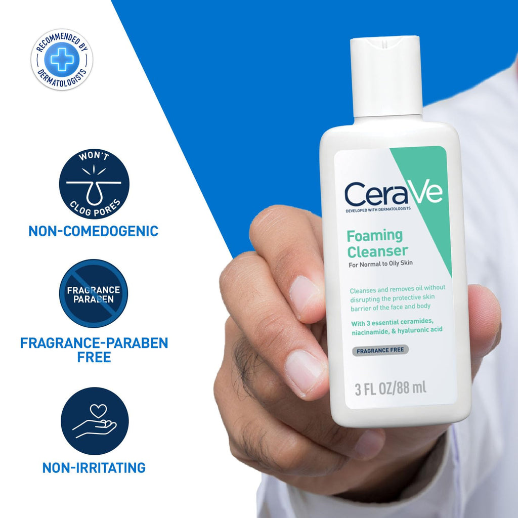 CeraVe Foaming Cleanser For Normal To Oily Skin (88ml) - Dermatologist-Developed Facewash | Non-Comedogenic And Fragrance-Free Cleansers For Acne-Prone Skin