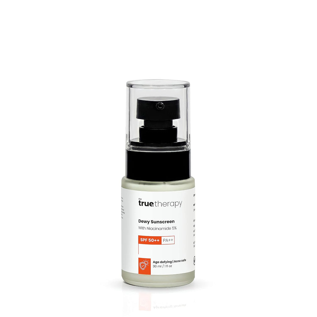 The True Therapy Dewy Sunscreen for Women & Men, SPF 50++ PA++ Body Sunscreen, 5% Niacinamide Sun Block, Acne Safe, Lightweight Sunscreen Lotion, No Harmful Ingredients Skin Care (30ml)