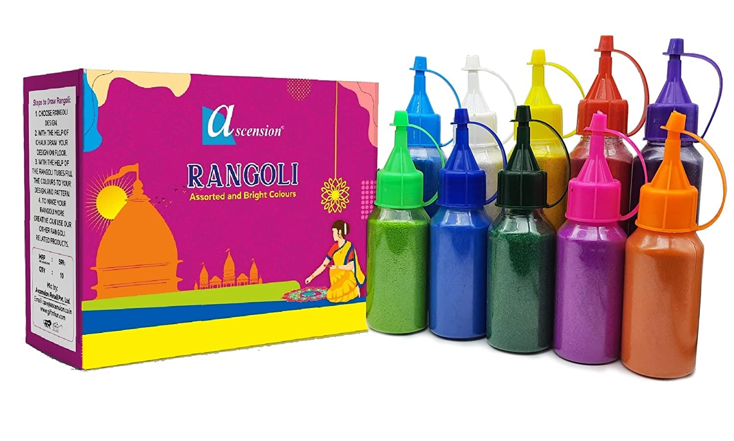 Ascension Design Creativity Diwali Floor Rangoli Art Ceramic Colours 10 Tubes Premium Diwali Rangoli Colors